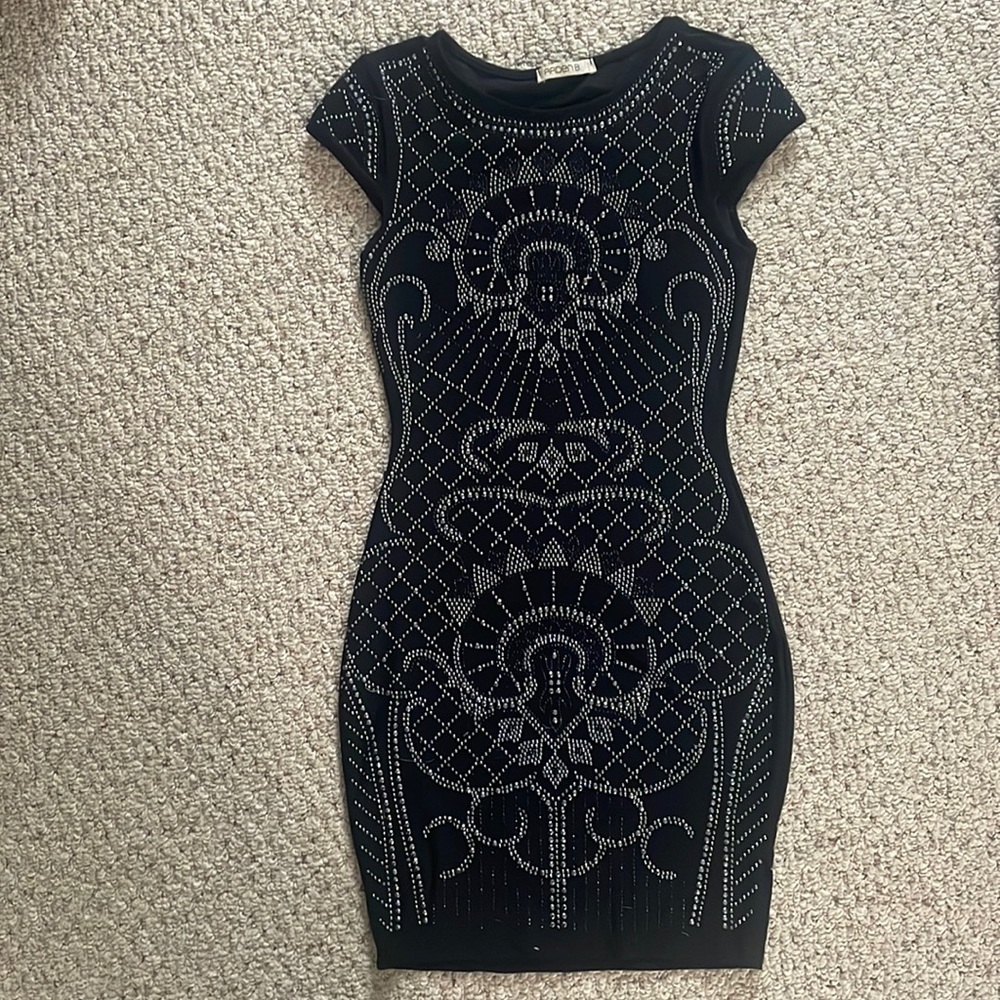 Arden B black dotted party dress with small shoulder pads